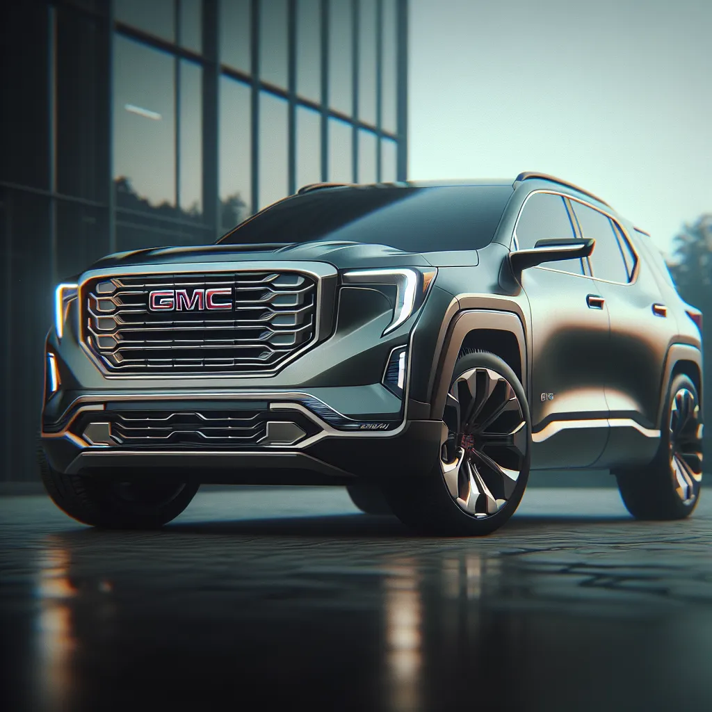 Przód nowoczesnego SUV-a GMC z LED-ami, widok na ulicę przy budynku, najlepsze modele GMC w USA